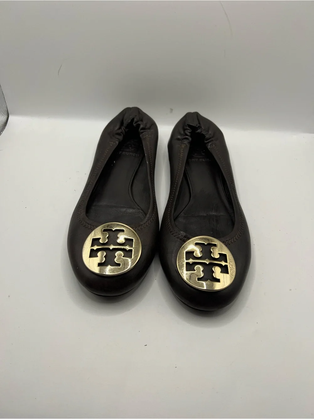 Tory Burch Dark Brown Leather Logo Ballet Flats with Gold Emblem
